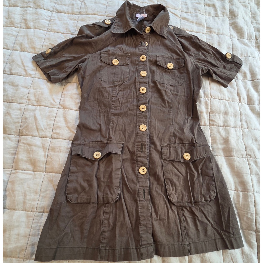 Street Beat Military Style Shirt Dress Small Brown Safari Cargo Mini Gorpcore